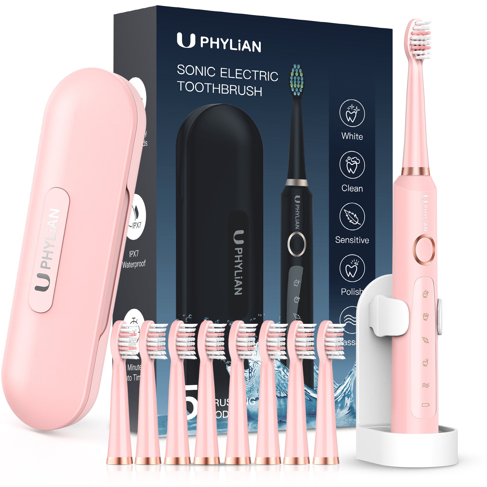Phylian Sonic Electric Toothbrush with 8 Brush Heads for Adults&12+Kids, 120 Days Battery Life, Wireless Fast Charge, 5 Modes, 40000VPM Powered Toothbrush