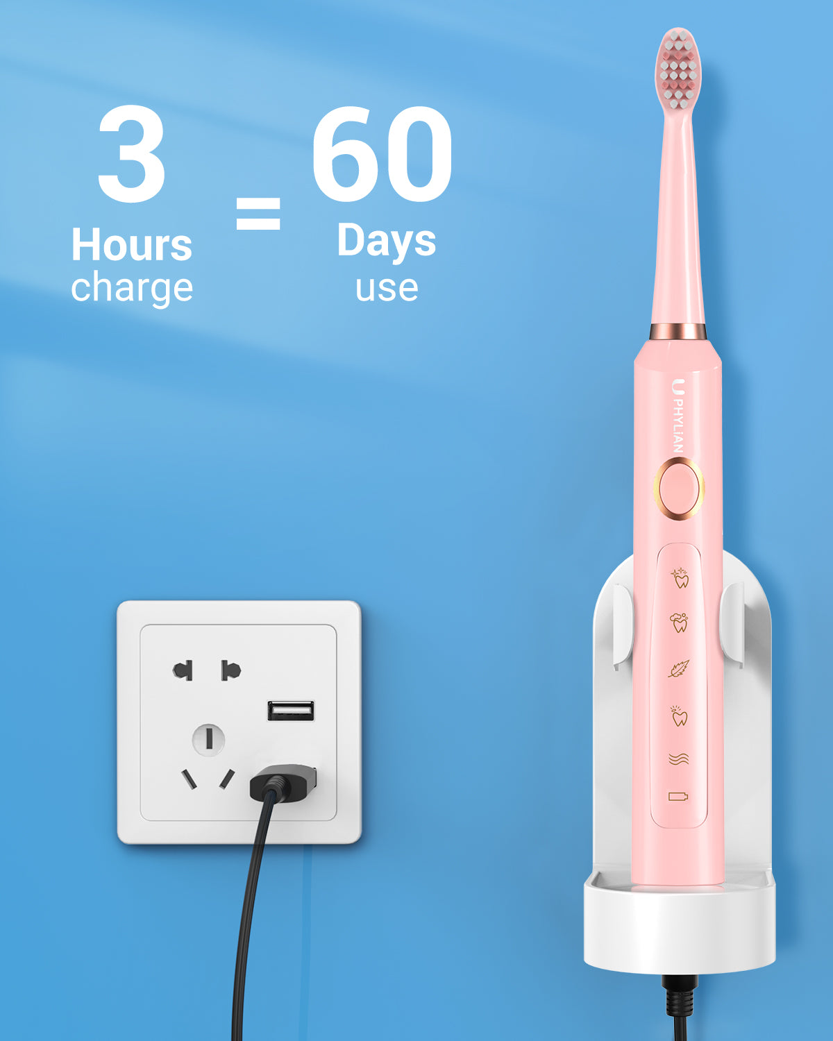 Phylian Sonic Electric Toothbrush with 8 Brush Heads for Adults&12+Kids, 120 Days Battery Life, Wireless Fast Charge, 5 Modes, 40000VPM Powered Toothbrush