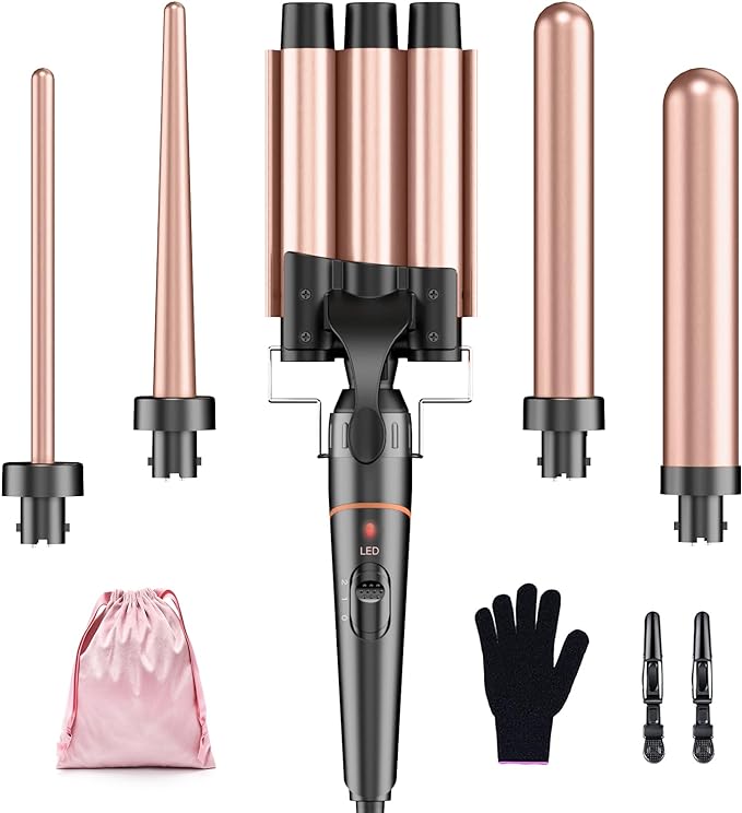 Phylian 5 in 1 Curling Iron Set,Curling Iron Wand with 3 Barrel Hair Crimper and 4 Interchangeable Ceramic Curling Wand(0.35"-1.25"), Contain Protective Glove & 2 Clips