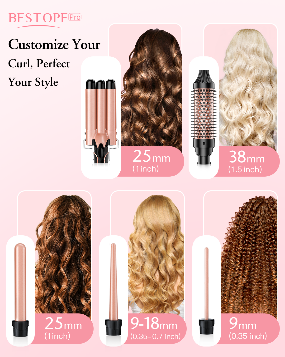 Phylian 5 in 1 Curling Iron, Curling Iron Set with Negative Ion Thermal Brush and 4 Interchangeable Ceramic Curling Irons (0.35“-1.5”), Fast Heating Crimper Hair Tool with Glove&2 Clips, Long Lasting Curls