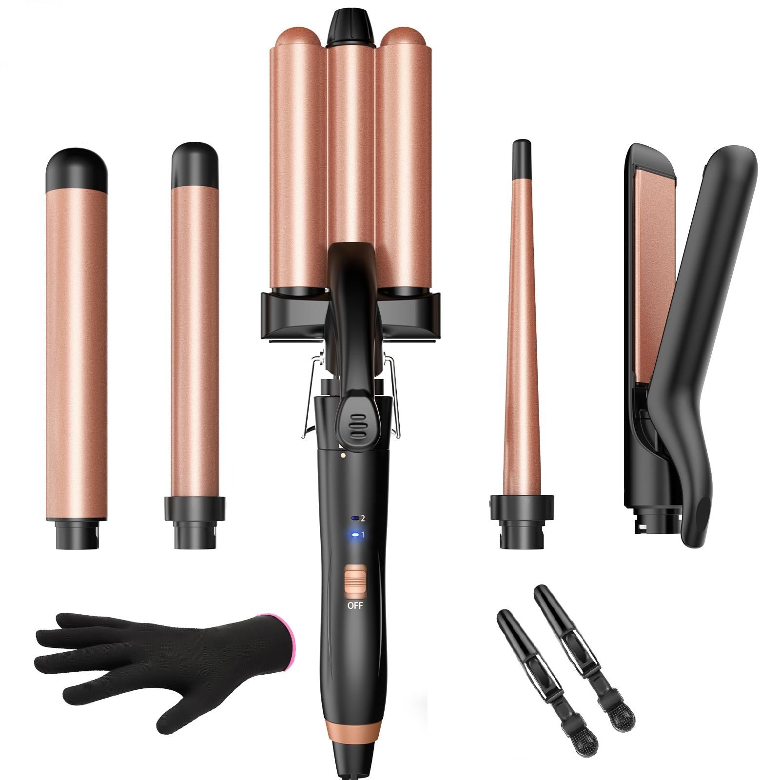 Phylian 5 in 1 Wand Curling Iron, Curling Wand Set with Interchangeable Ceramic Barrels (0.35"-1.25"), Set with Flat Iron Hair Straightener, Fast Heating, Dual Voltage Hair Curler, Black