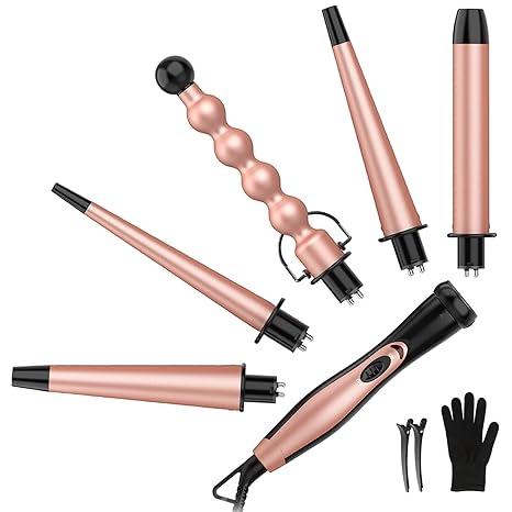 Phylian 5 in 1 Curling Wand Set, Curling Iron Wand 5Pcs 0.35 to 1.25 Inch Interchangeable Ceramic Barrel Heat Protective Glove 2 Clips Dual Voltage Hair Curler, Instant Heat Up for All Hair Types