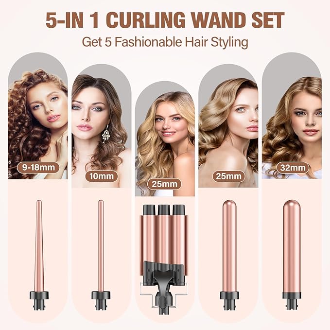Phylian 5 in 1 Curling Iron Set,Curling Iron Wand with 3 Barrel Hair Crimper and 4 Interchangeable Ceramic Curling Wand(0.35"-1.25"), Contain Protective Glove & 2 Clips