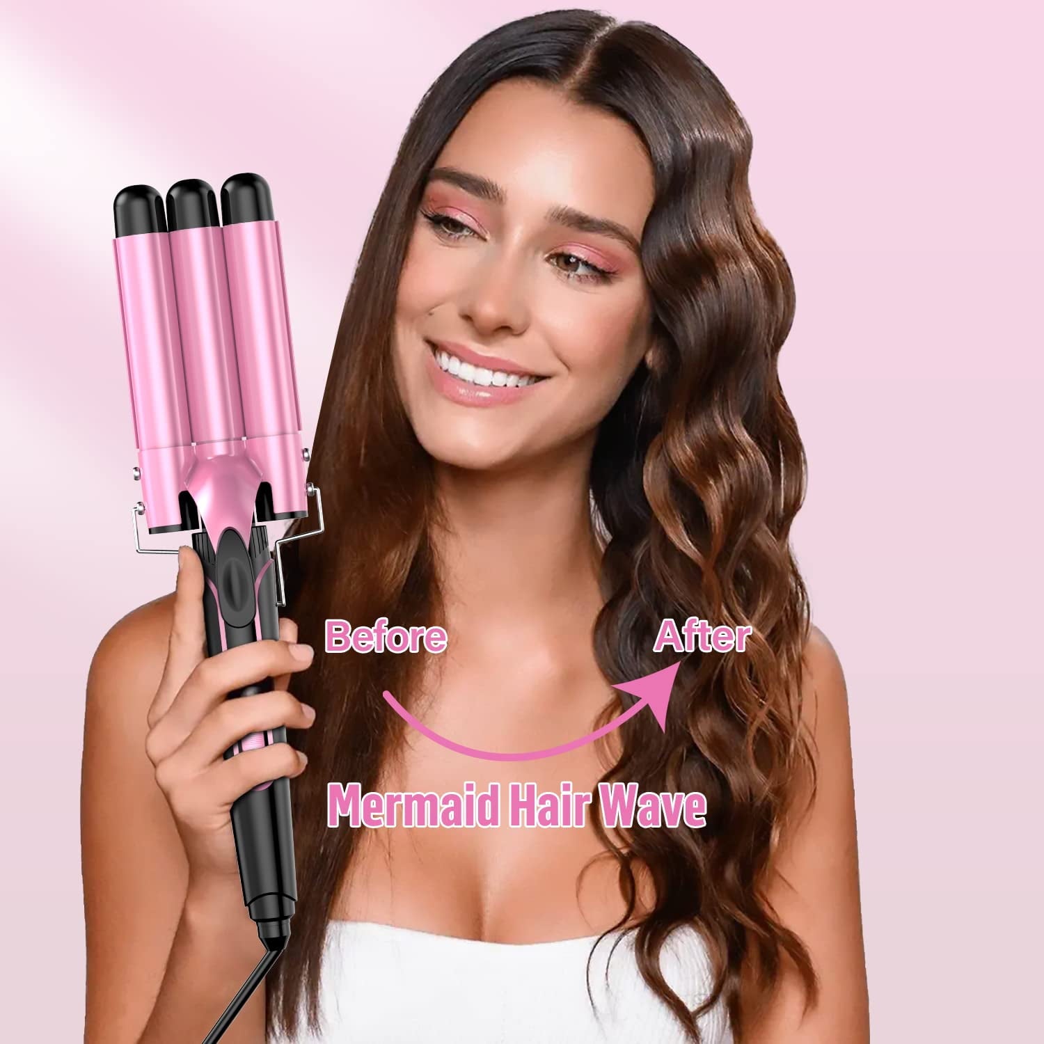 Curling Iron Wand, 5 in 1 Curling Wand Set with 3 Barrel Hair Crimper for Women, 0.35 to 1.25 Inch Interchangeable Ceramic Barrel, Fast Heating Hair Wand Curler in All Hair Type, Pink