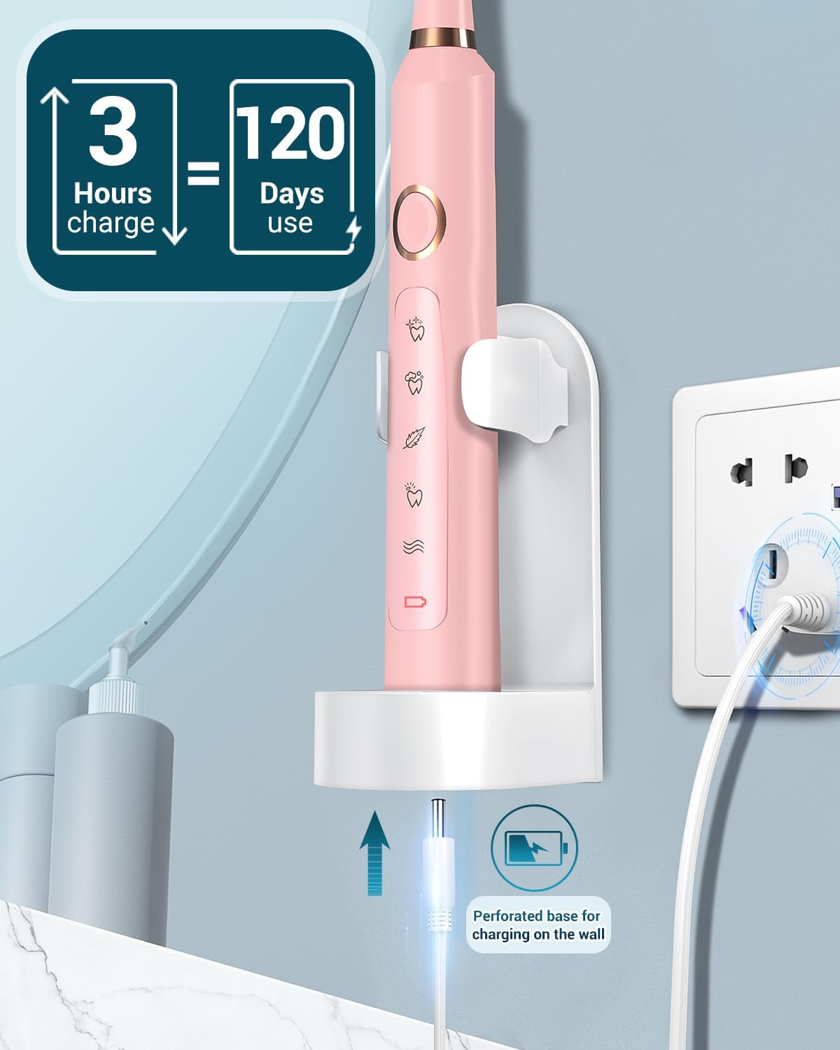 Phylian Sonic Electric Toothbrush for Adults, Rechargeable Electric Toothbrush with 8 Brush Heads for Kids Ages 12+ and Adults, Wireless Fast Charge, 5 Modes, 41,000 VPM Deep Clean, Pink