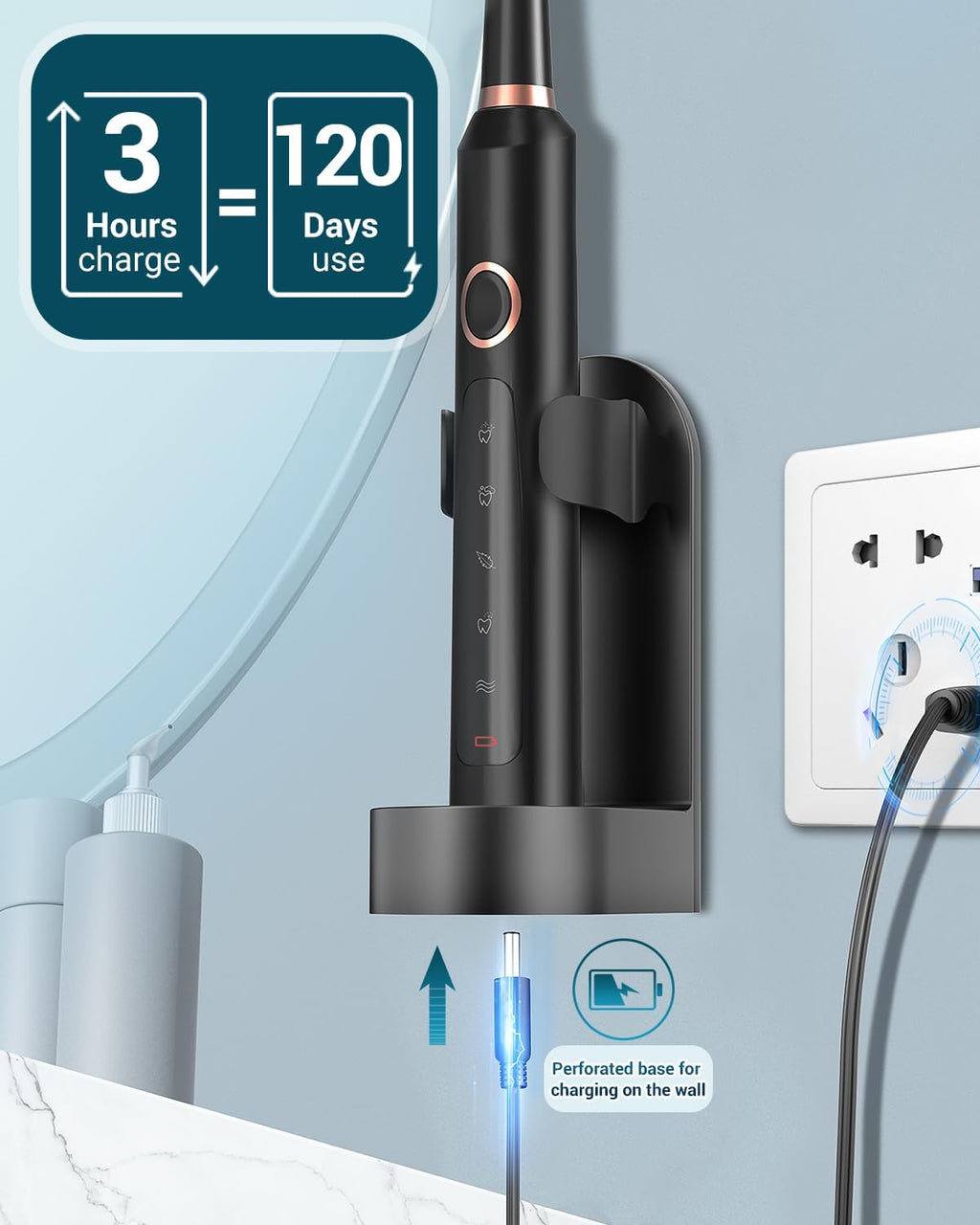 Phylian Sonic Electric Toothbrush for Adults, Rechargeable Electric Toothbrush with 8 Brush Heads for Kids Ages 12+ and Adults, Wireless Fast Charge, 5 Modes, 41,000 VPM Deep Clean, Black