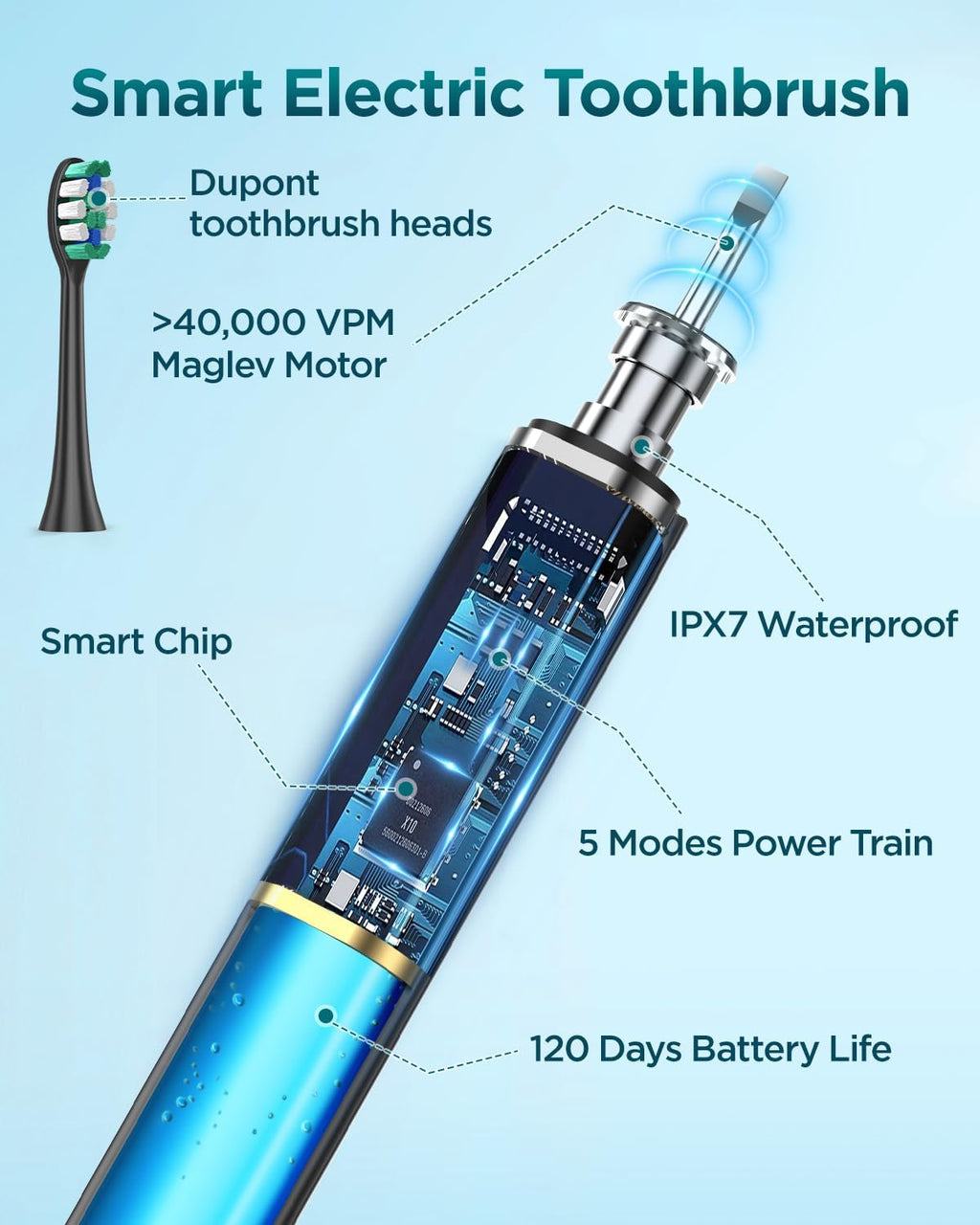 Phylian Electric Toothbrush for Adults,Travel Sonic Toothbrush with 8 Replacement Heads, Rechargeable Toothbrush Portable One Charge for 120days 5 Modes 2mins Timer, IPX7 Travel Toothbrush with Case Pink