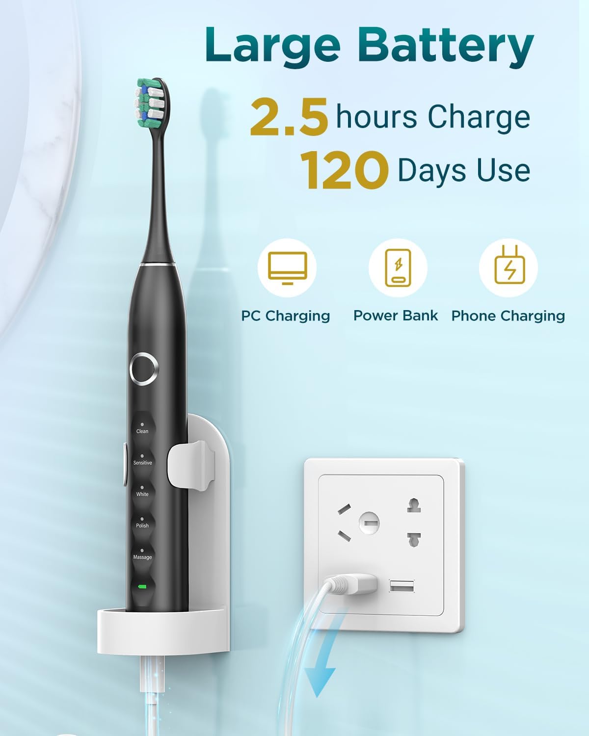 Phylian Electric Toothbrush for Adults,Travel Sonic Toothbrush with 8 Replacement Heads, Rechargeable Toothbrush Portable One Charge for 120days 5 Modes 2mins Timer, IPX7 Travel Toothbrush with Case Pink