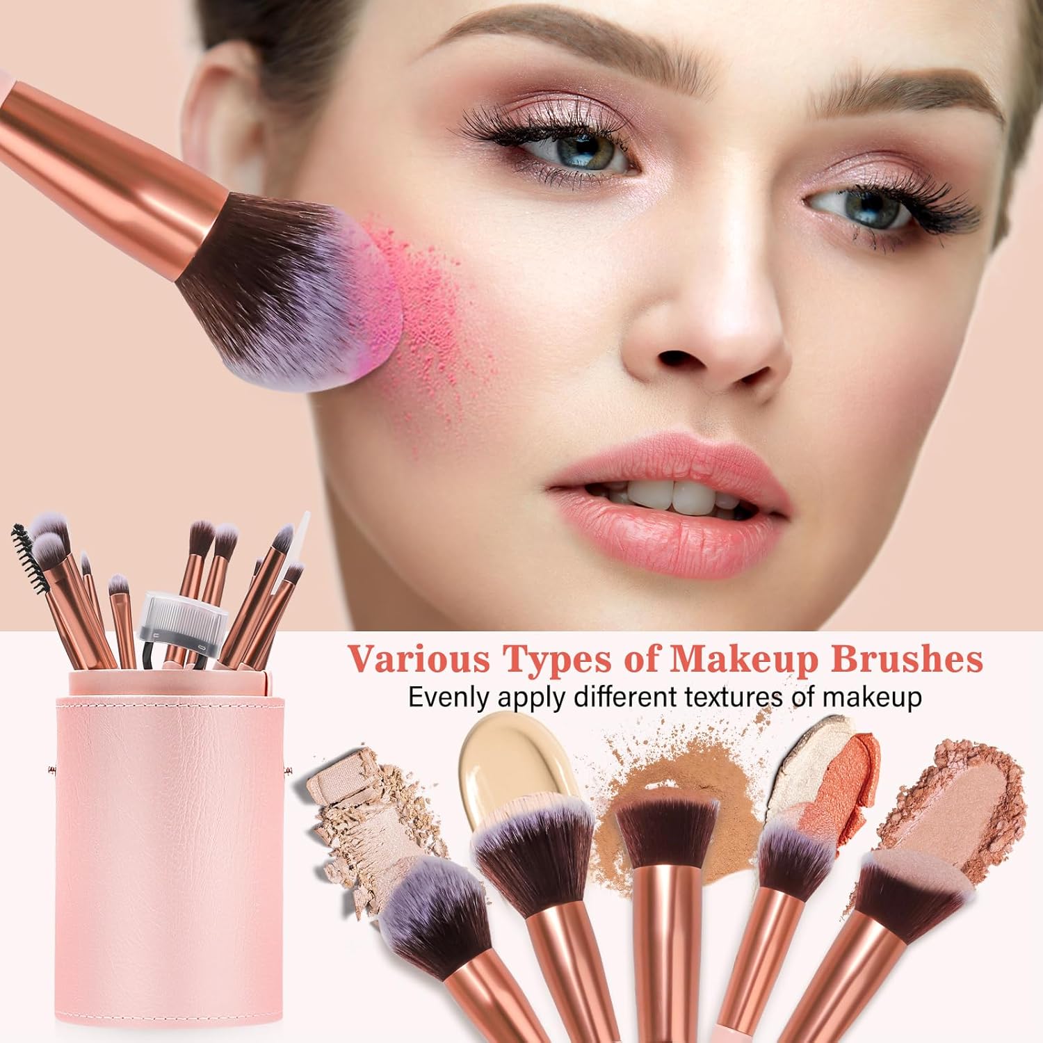 Phylian Makeup Brush Set, 20PCs Foundation Powder Concealers Eye shadows Blush Makeup Brushes, Foundation Brush Eyeshadow Brush Make up Brushes Set with Travel Case & 2 Powder Puff, Pink