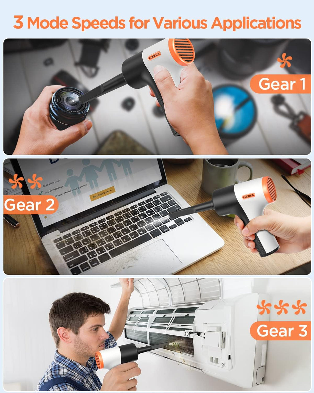 Phylian Compressed Air Duster, Rechargeable Electric Air Blower, USB-C, Brushless Motor, 3 Speeds, 5 Nozzles, Computer, Electronics Cleaning