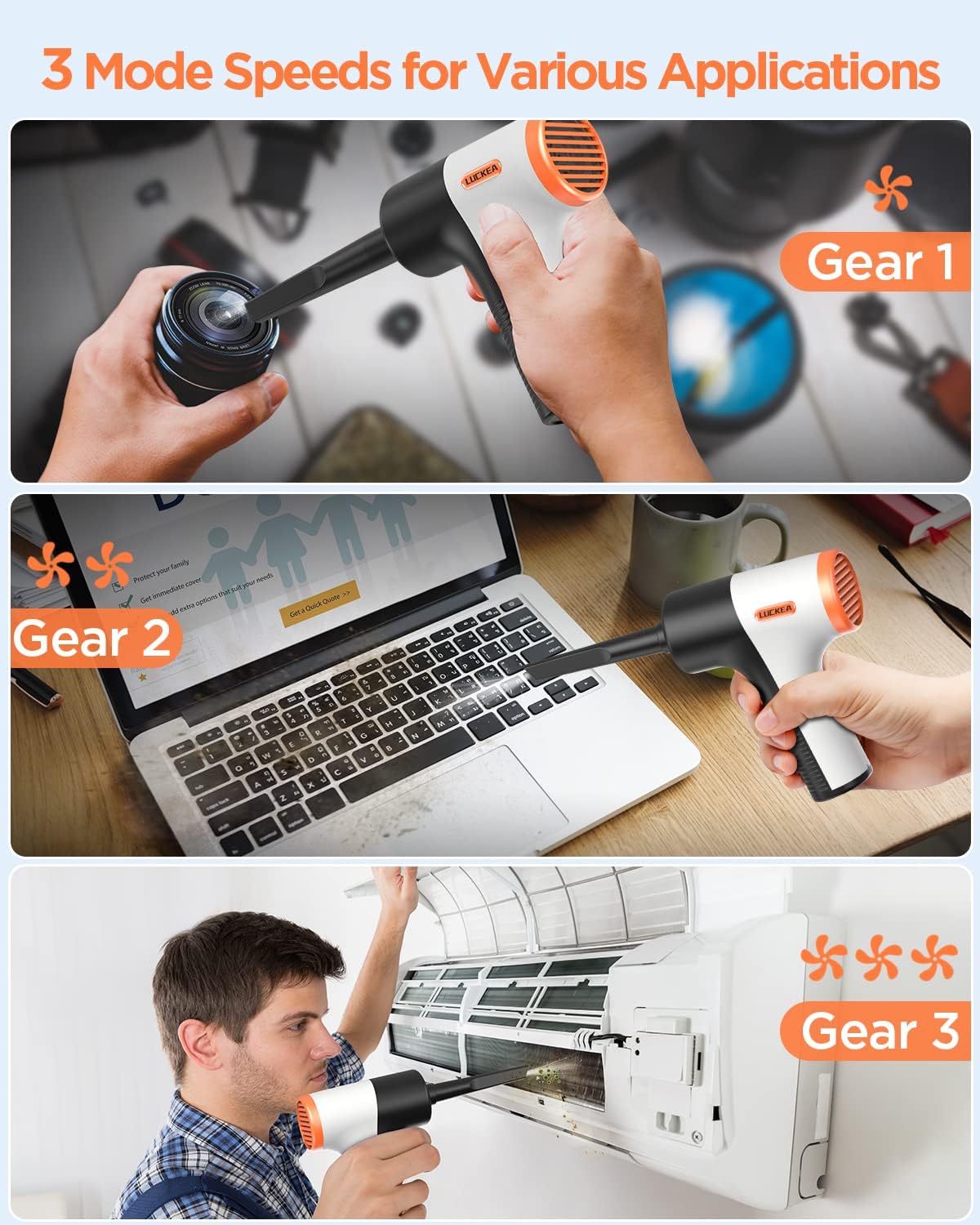 Phylian Compressed Air Duster, Rechargeable Electric Air Blower, USB-C, Brushless Motor, 3 Speeds, 5 Nozzles, Computer, Electronics Cleaning