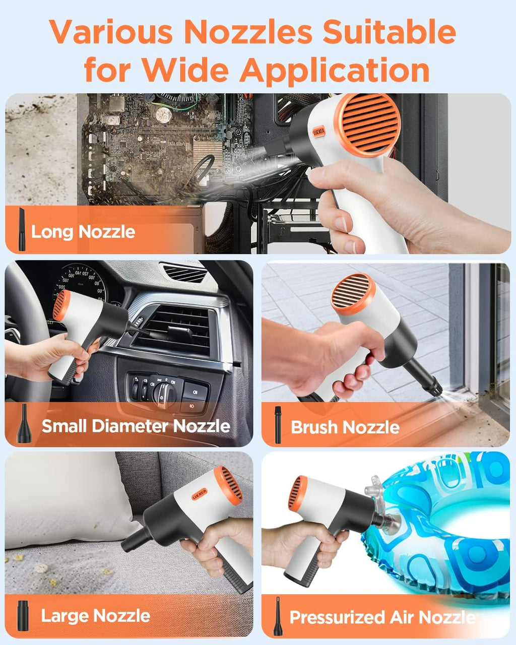 Phylian Compressed Air Duster, Rechargeable Electric Air Blower, USB-C, Brushless Motor, 3 Speeds, 5 Nozzles, Computer, Electronics Cleaning