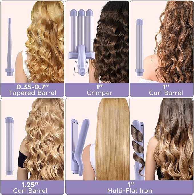 Phylian 5 in 1 Wand Curling Iron, Curling Wand Set with Interchangeable Ceramic Barrels (0.35"-1.25"), Set with Flat Iron Hair Straightener, Fast Heating, Dual Voltage Hair Curler, Pink