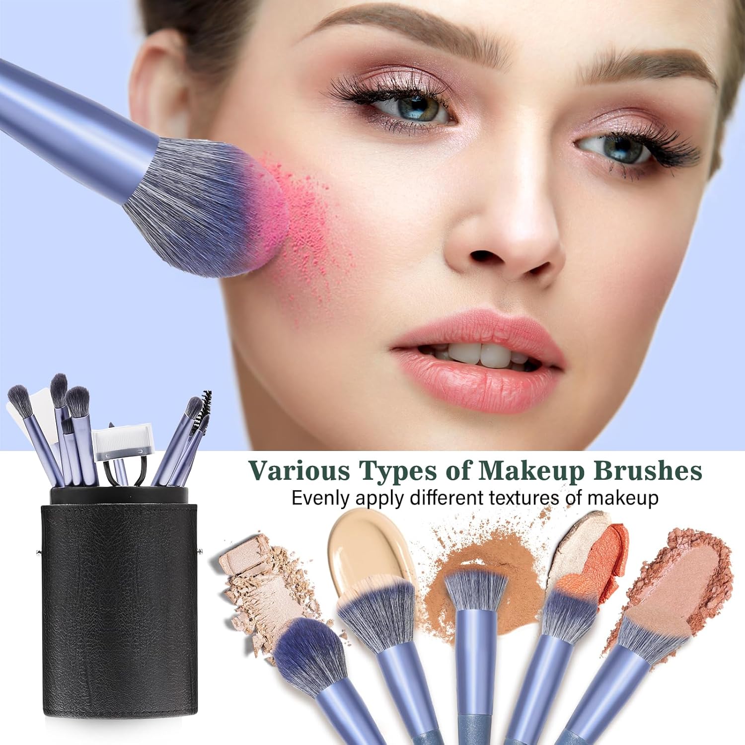 Phylian Makeup Brush Set, 20PCs Foundation Powder Concealers Eye shadows Blush Makeup Brushes, Foundation Brush Eyeshadow Brush Make up Brushes Set with Travel Case & 2 Powder Puff, Blue