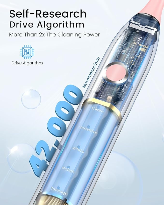 Phylian S5 Sweeping Electric Toothbrush - Rechargeable with 8 Brush Heads, Power Toothbrush with Holder, 2.5H Charge for 45 Days Battery - Pink