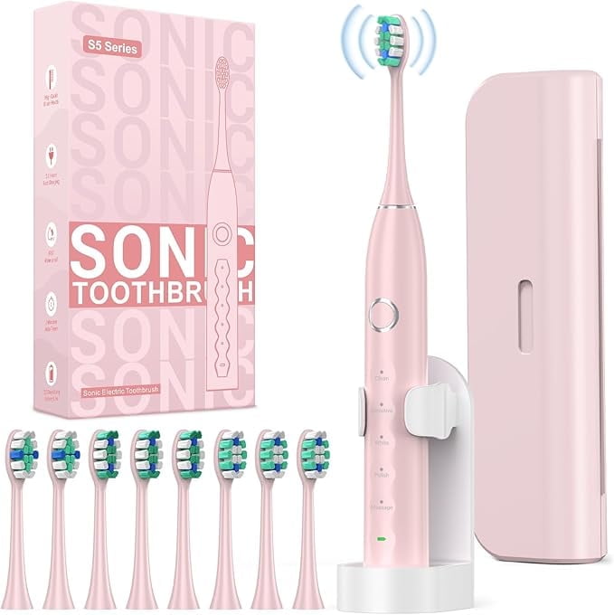 Phylian S5 Sweeping Electric Toothbrush - Rechargeable with 8 Brush Heads, Power Toothbrush with Holder, 2.5H Charge for 45 Days Battery - Pink