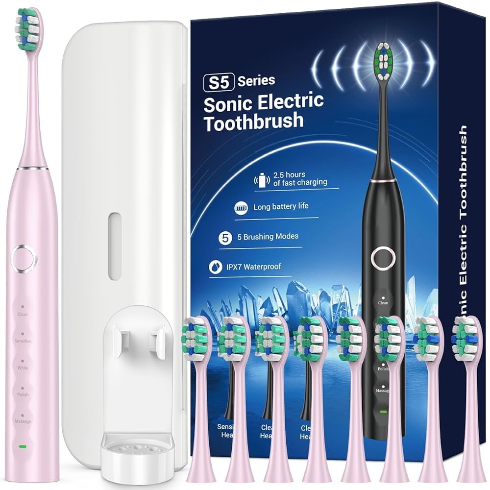Phylian BBA S5 Upgraded Sonic Electric Toothbrush for Adults with 8 Brush Heads, IPX7 Travel Electric Toothbrush with Travel Case, 2.5 Hours Charge for 120 Days, 5 Modes with Built-in Smart Timer Pink