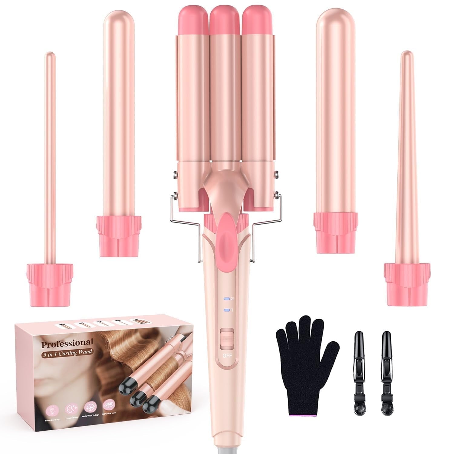 Curling Iron Wand, 5 in 1 Curling Wand Set with 3 Barrel Hair Crimper for Women, 0.35 to 1.25 Inch Interchangeable Ceramic Barrel, Fast Heating Hair Wand Curler in All Hair Type, Coral Pink
