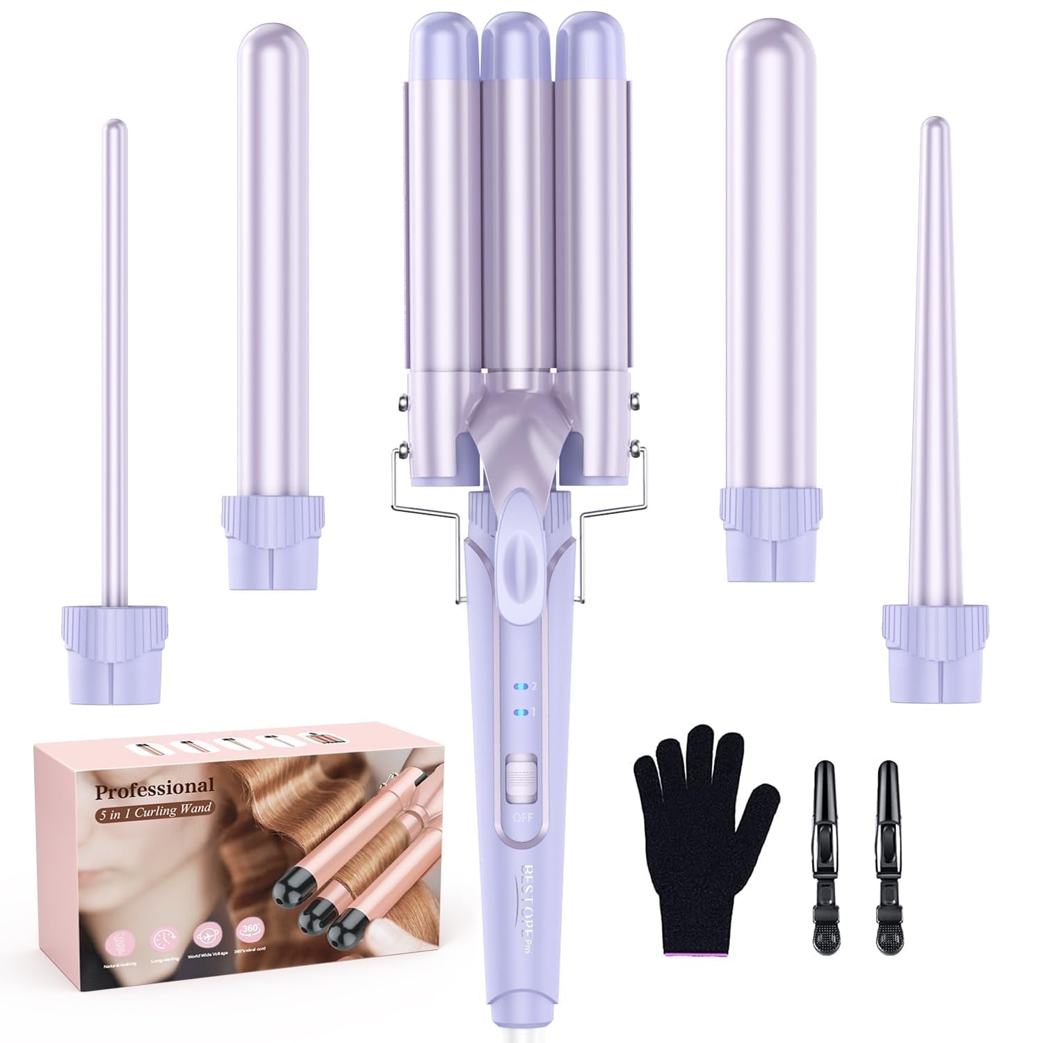 Curling Iron Wand, 5 in 1 Curling Wand Set with 3 Barrel Hair Crimper for Women, 0.35 to 1.25 Inch Interchangeable Ceramic Barrel, Fast Heating Hair Wand Curler in All Hair Type, Purple