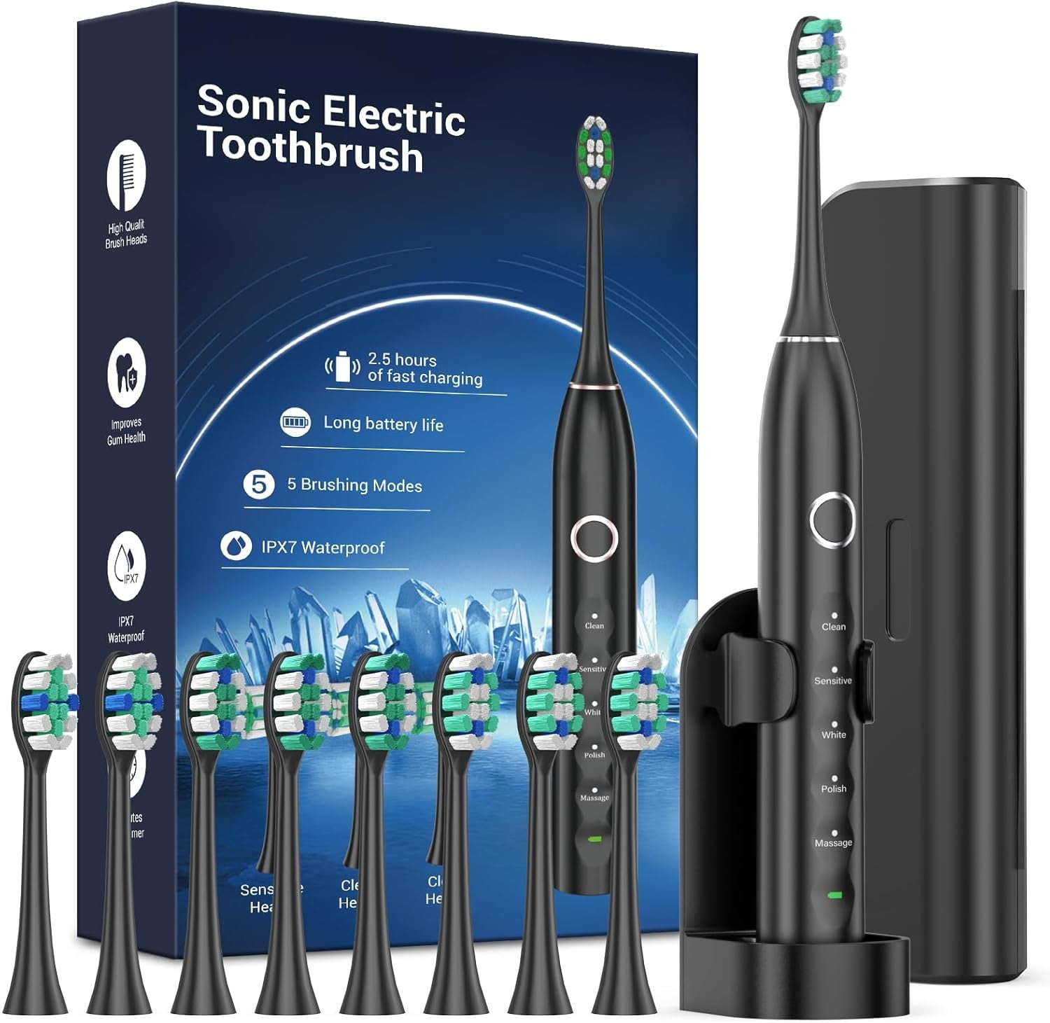 Phylian Electric Toothbrush for Adults,Travel Sonic Toothbrush with 8 Replacement Heads, Rechargeable Toothbrush Portable One Charge for 120days 5 Modes 2mins Timer, IPX7 Travel Toothbrush with Case Pink