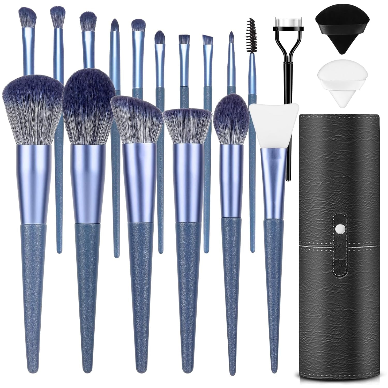 Phylian Makeup Brush Set, 20PCs Foundation Powder Concealers Eye shadows Blush Makeup Brushes, Foundation Brush Eyeshadow Brush Make up Brushes Set with Travel Case & 2 Powder Puff, Blue