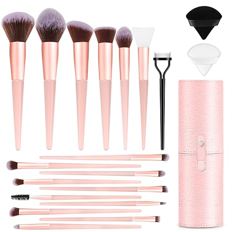 Phylian Makeup Brush Set, 20PCs Foundation Powder Concealers Eye shadows Blush Makeup Brushes, Foundation Brush Eyeshadow Brush Make up Brushes Set with Travel Case & 2 Powder Puff, Pink
