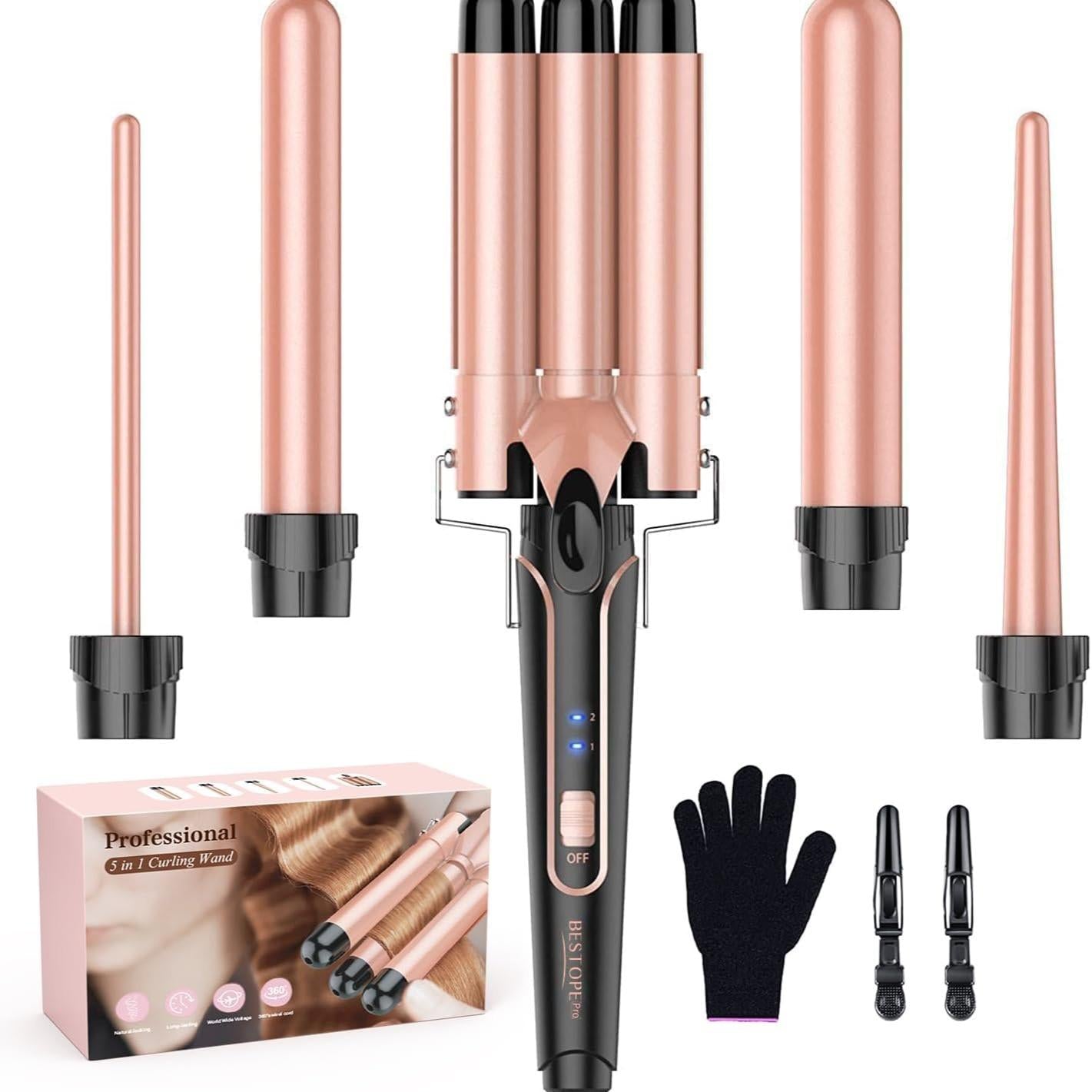 Phylian Curling Iron Wand, 5 in 1 Curling Wand Set with 3 Barrel Hair Crimper for Women, 0.35 to 1.25 Inch Interchangeable Ceramic Barrel, Fast Heating Hair Wand Curler in All Hair Type