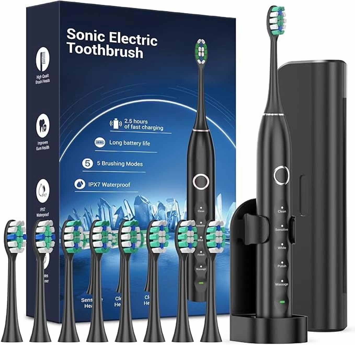 Phylian S5 Upgraded Sonic Electric Toothbrush for Adults and Kids Ages 12+ with 8 Brush Heads, IPX7 Travel Toothbrush with Case, 2.5 Hours Charge for 120 Days, 5 Modes with Built-in Smart Timer Black