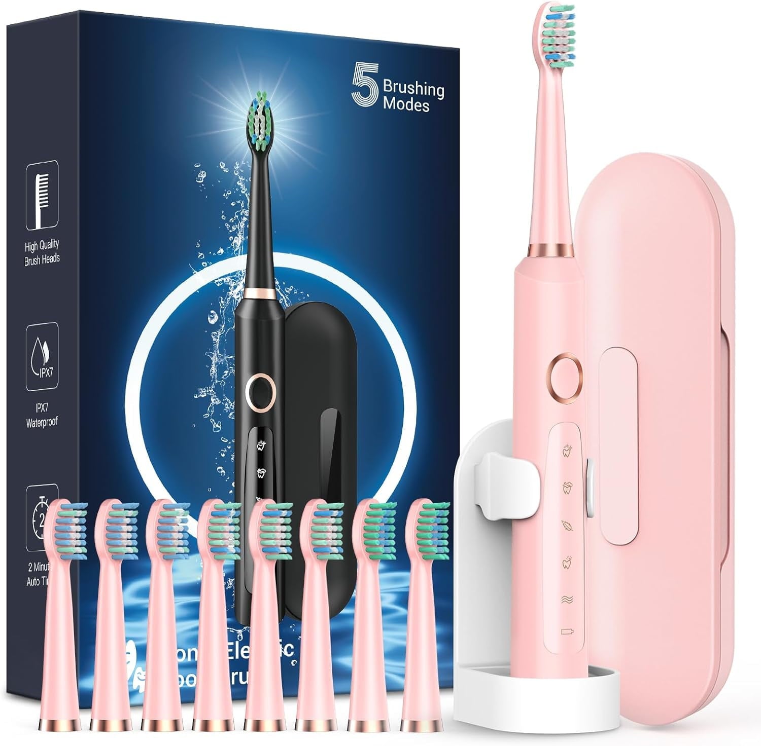 Phylian Sonic Electric Toothbrush for Adults, Rechargeable Electric Toothbrush with 8 Brush Heads for Kids Ages 12+ and Adults, Wireless Fast Charge, 5 Modes, 41,000 VPM Deep Clean, Pink