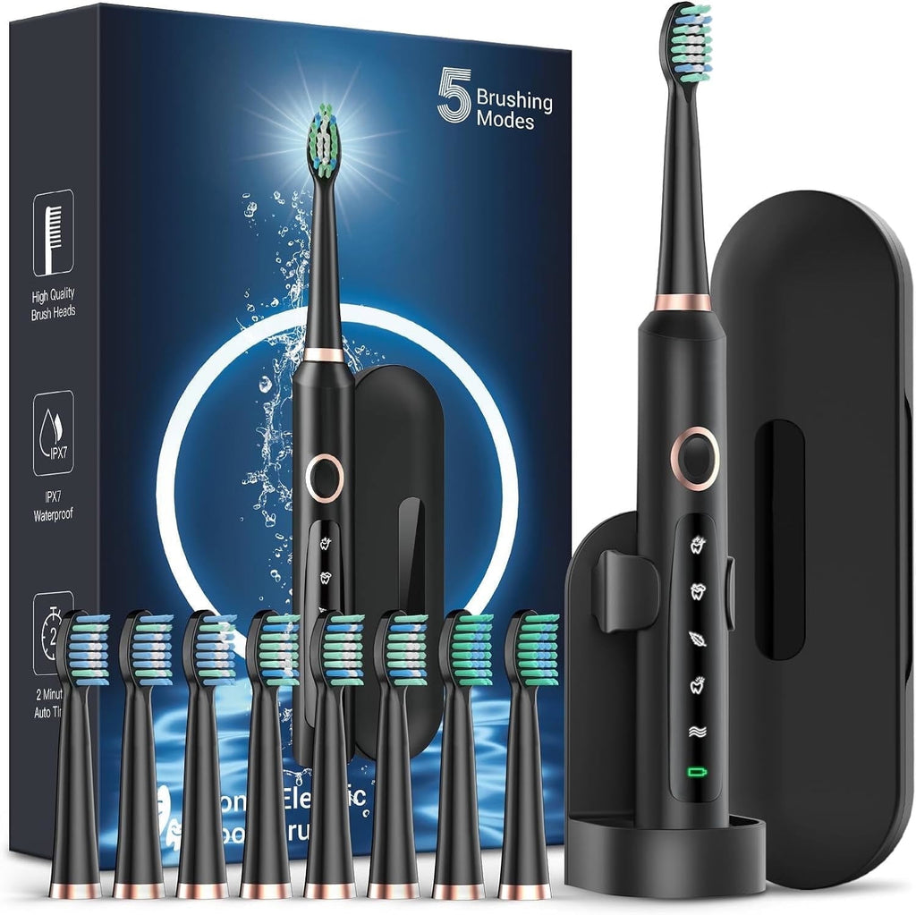 Phylian Sonic Electric Toothbrush for Adults, Rechargeable Electric Toothbrush with 8 Brush Heads for Kids Ages 12+ and Adults, Wireless Fast Charge, 5 Modes, 41,000 VPM Deep Clean, Black