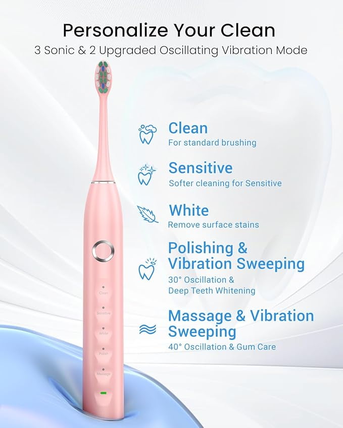 Phylian S5 Sweeping Electric Toothbrush - Rechargeable with 8 Brush Heads, Power Toothbrush with Holder, 2.5H Charge for 45 Days Battery - Pink
