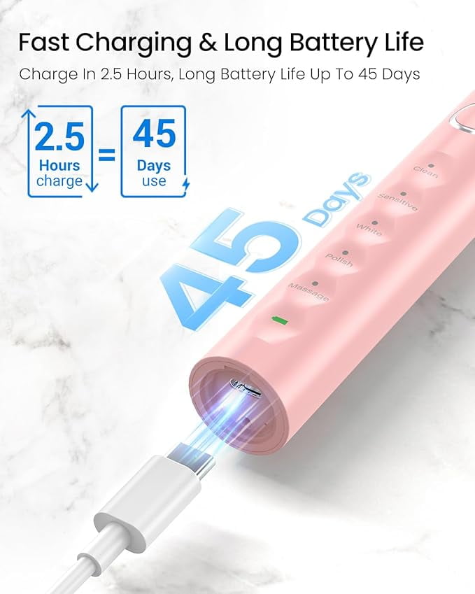 Phylian S5 Sweeping Electric Toothbrush - Rechargeable with 8 Brush Heads, Power Toothbrush with Holder, 2.5H Charge for 45 Days Battery - Pink