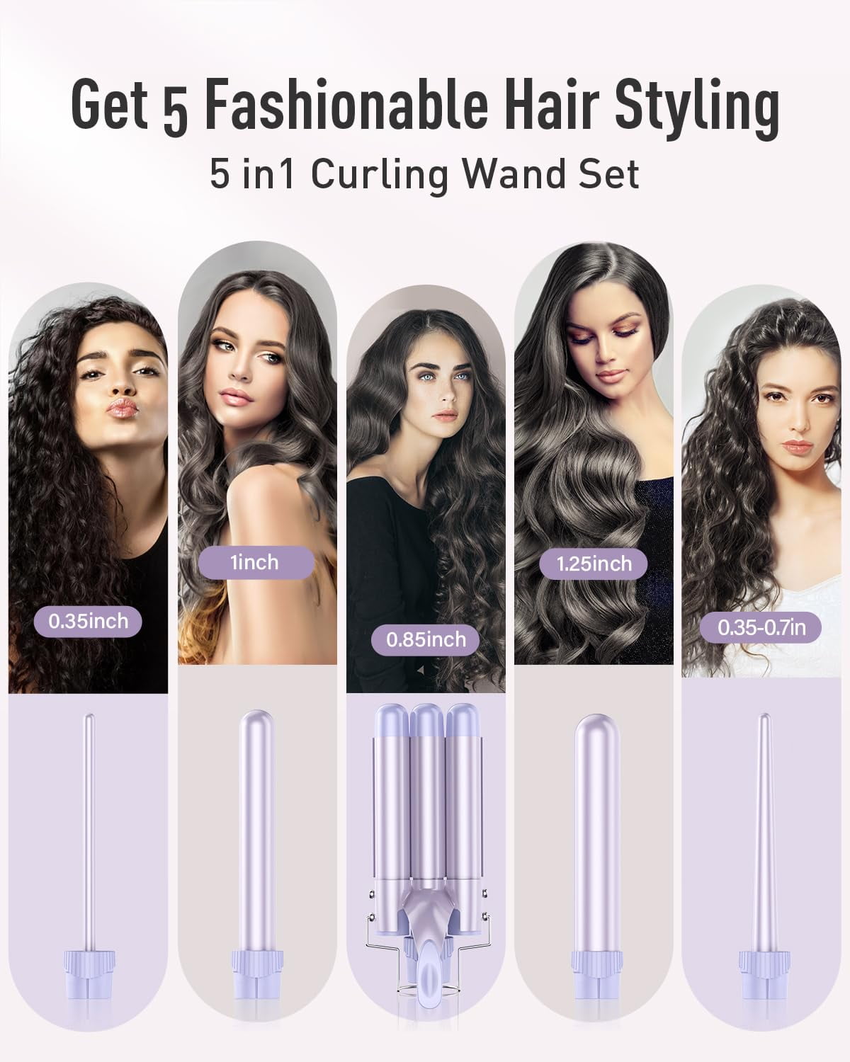 Curling Iron Wand, 5 in 1 Curling Wand Set with 3 Barrel Hair Crimper for Women, 0.35 to 1.25 Inch Interchangeable Ceramic Barrel, Fast Heating Hair Wand Curler in All Hair Type, Purple