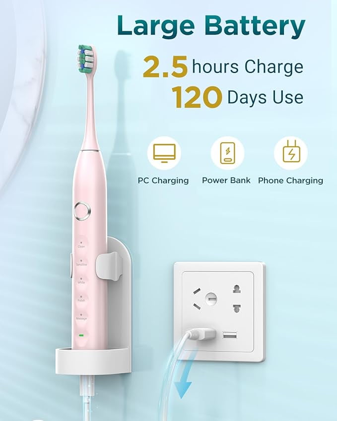 Phylian BBA S5 Upgraded Sonic Electric Toothbrush for Adults with 8 Brush Heads, IPX7 Travel Electric Toothbrush with Travel Case, 2.5 Hours Charge for 120 Days, 5 Modes with Built-in Smart Timer Pink