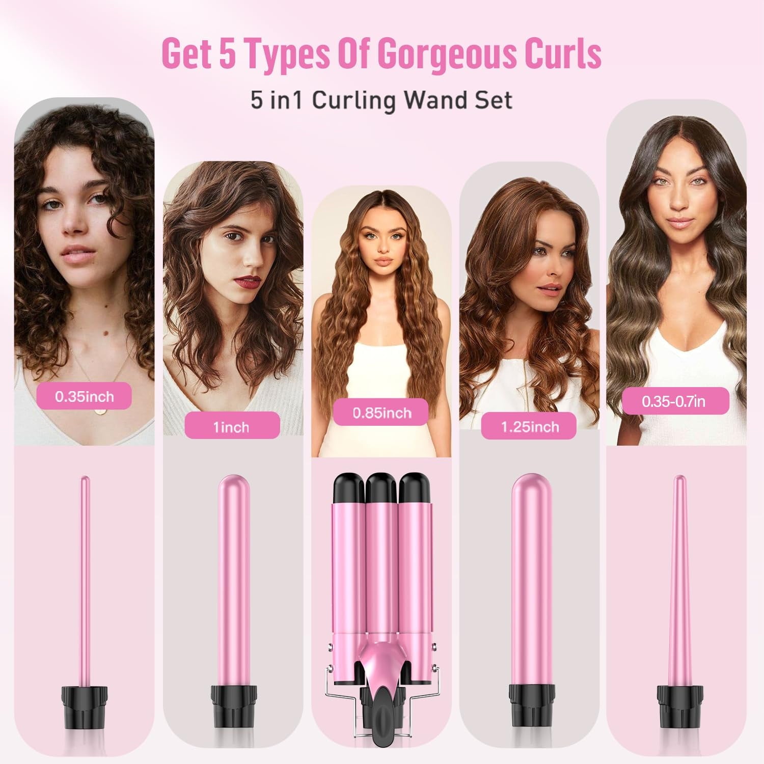 Curling Iron Wand, 5 in 1 Curling Wand Set with 3 Barrel Hair Crimper for Women, 0.35 to 1.25 Inch Interchangeable Ceramic Barrel, Fast Heating Hair Wand Curler in All Hair Type, Pink