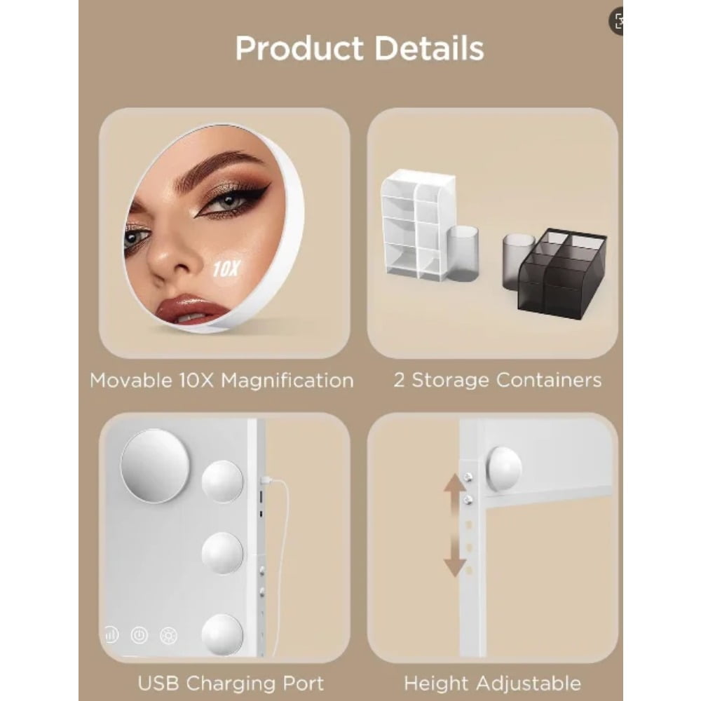 Phylian Rechargeable LED Makeup Mirror with 3 Color Modes USB Port Gift for Makeup and Skincare