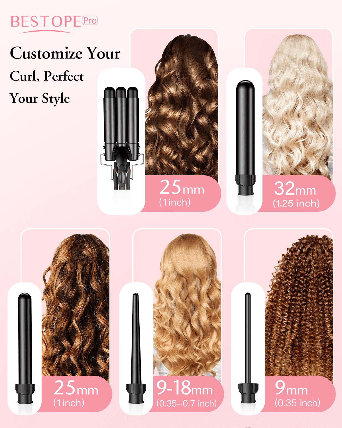 Curling Iron Wand, 5 in 1 Curling Wand Set with 3 Barrel Hair Crimper for Women, 0.35 to 1.25 Inch Interchangeable Ceramic Barrel, Fast Heating Hair Wand Curler in All Hair Type, Pink