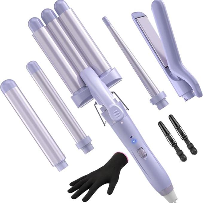 Phylian 5 in 1 Wand Curling Iron, Curling Wand Set with Interchangeable Ceramic Barrels (0.35"-1.25"), Set with Flat Iron Hair Straightener, Fast Heating, Dual Voltage Hair Curler, Pink